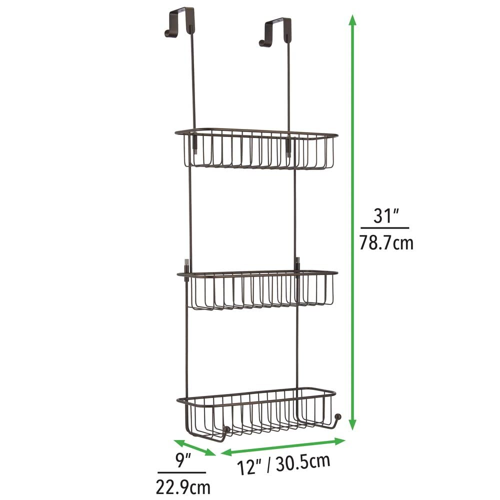 mDesign Extra Large Metal Over Shower Door Caddy, Hanging Bathroom Storage Organizer Center with Built-In Hooks and Baskets on 3 Levels for Shampoo, Body Wash, Loofahs - Bronze