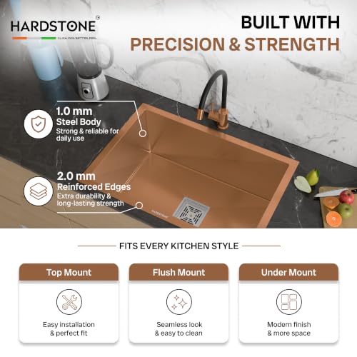 Image of HARDSTONE Premium Kitchen Sink | Single Bowl 24x18x9 Inch | Handmade Heavy Duty Stainless Steel Wash Basin with Matte Rose Gold Finish | Includes Waste Hose Pipe, Coupling & Drying Rack | Rose Gold
