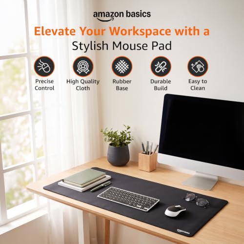 Image of Amazon Basics Extended Rectangular Mouse Pad with Smooth Cloth Surface and Non-Slip Rubber Base, Extended Size for Gaming, Office & Home Use, 35.5 x 16.88 Inches (Large), Black