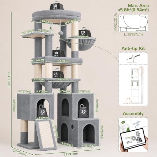 Image of Globlazer Tall Cat Tower for Indoor Adult Cats, 72-inch, S72G, Light Grey | Heavy Duty Cat Tree House for Big Cats with 2 Extra-Large Padded Platform, 7 Sisal Scratching Posts, 3 Large Condos