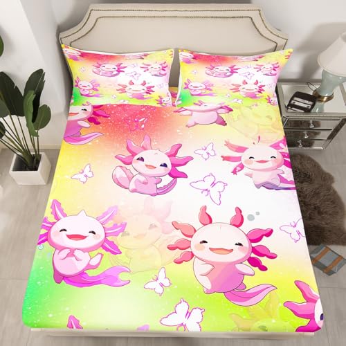 Cute Axolotl Fitted Sheet Twin Size 2 Pcs,Gradient Yellow Green Orange Tie Dye Print Bedding Sets for Kids Boys Girls Teens,Cartoon Animals Dreamy Butterfly Bed Cover with 1 Pillowcase(No Flat Sheet)