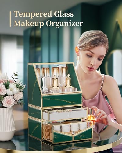 Extra Large Makeup Organizer, Glass Cosmetic Storage with Drawers, Stackable Makeup and Jewelry Organizer for Vanity Table, Bathroom Countertop, Skincare, Lipsticks, Perfume, Brushes