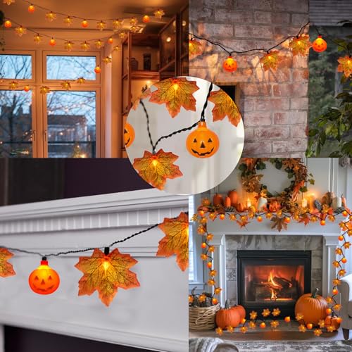 Image of 13.6Ft Fall Decor Maples Leaf Pumpkin String Lights, Hanging Outdoor Thanksgiving Decorations Lights with 25 Maple Leaves Light and 10 Pumpkin Lights for Thanksgiving Harvest Halloween Porch Window