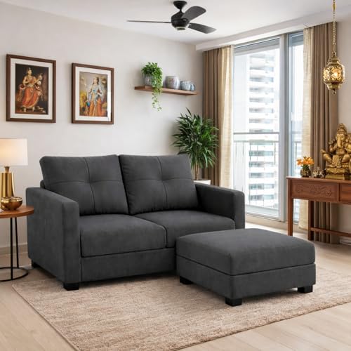 Image of FURNY Heritage 2 Seater Fabric Sofa Set with 1 Ottoman (Dark Grey) with Velvet Finish | Durable Comfort | Ideal for Living Room.