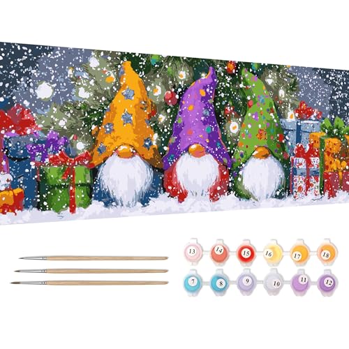 Reofrey Pintura por números adultos grande XXL Navidad – Kit de pintura al óleo pintada a mano enanos, lienzo 30 x 80 cm, con pincel y pintura acrílica – Pintura por números para niños principiantes y