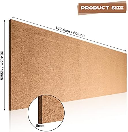 Cork Board Roll 8 mm Thick 60 x 12 Inch Self-Adhesive Cork Bulletin Boards with 100 Push Pins Mini Wall Frameless Cork Boards for Wall
