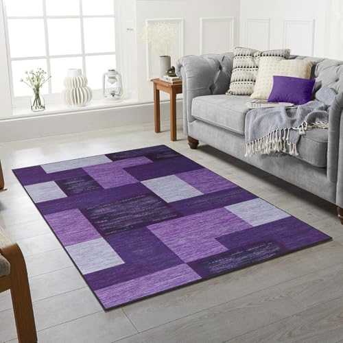 Image of Machine Washable Area Rugs For Kitchen, Bedroom, Dining and Living Room | Kid Pet Friendly Rug | Morden Design Carpet | Low Pile | Non Slip Shinbox_Purple_160 X 230 cm