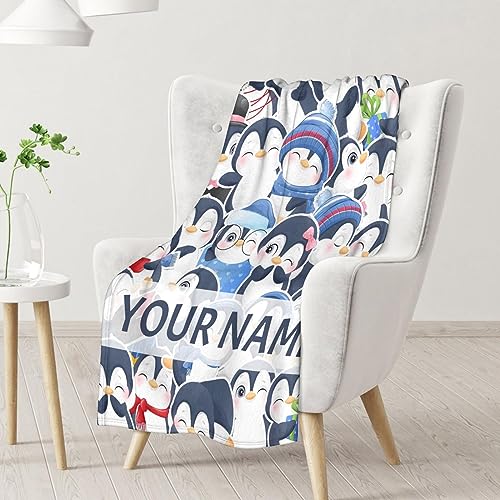 Custom Penguin Blankets with Name - Soft Warm Blanket Throw for Kids, Adults - 50"x60" Flannel Blankets for Bed, Couch, Sofa - Blue Cute Blanket Gifts