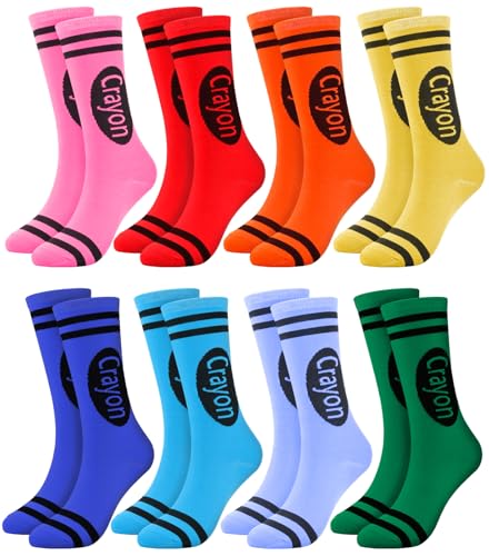 SVECPOY 8 Pairs Crayon Socks Unisex Colorful Crazy Socks for Women Men Funny Crew Socks Crayon Costume Accessories Gifts for Adults Teens Kids Teacher Team Crayon Party