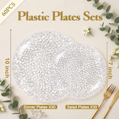 Rubtlamp 60Pcs Plastic Plates, Clear Disposable Plates, Hammered Heavy Duty Plastic Platos, Fancy Disposable Platos Include 30 Clear Dinner Plate, 30 Salad Plate For Bridal Spring by Rubtlamp - Image 2