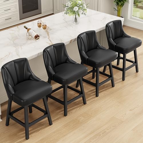 Silla de Bar REONEY Giratoria, Taburete de 26" con Asiento Tapizado de Cuero PU Impermeable, Diseño Moderno con Respaldo y Patas de Madera Maciza, para Cocina o Bar en Casa, Negro miniatura 4