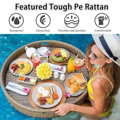 Bandeja flotante de mimbre con mango de aluminio, ideal para bebidas y aperitivos, accesorio perfecto para fiestas de verano y diversión al aire libre