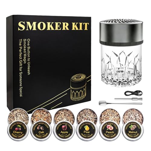 Electric Whiskey Smoker Kit Built-in Lighter, No Butane Needed, Rechargeable Cocktail Smoker Kit with 6 Wood Chips, Old Fashioned Drink Smoker Kit, Bourbon Whiskey Gifts for Men,Husband，Dad
