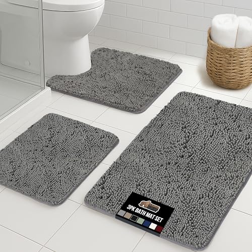 GORILLA GRIP Bathroom Rug Sets 3 Piece, Bath Mat Set and Oval Toilet Base with Rubber Backing, Plush Absorbent Shaggy Chenille Washable Mats, Includes 24×19.5, 24×17 and 30×20 Inch Rugs, Grey