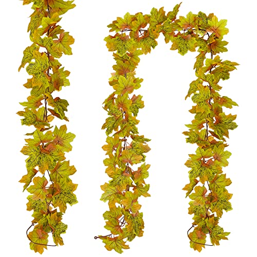 Guirlandes De Feuilles D'érable Artificielles d'automne- ADORAMOUR Décorations De Feuilles d'automne Décoration De Chambre Esthétique pour D'intérieur ou Thanksgiving Noël Halloween (Lot de 2)-Vert Cover