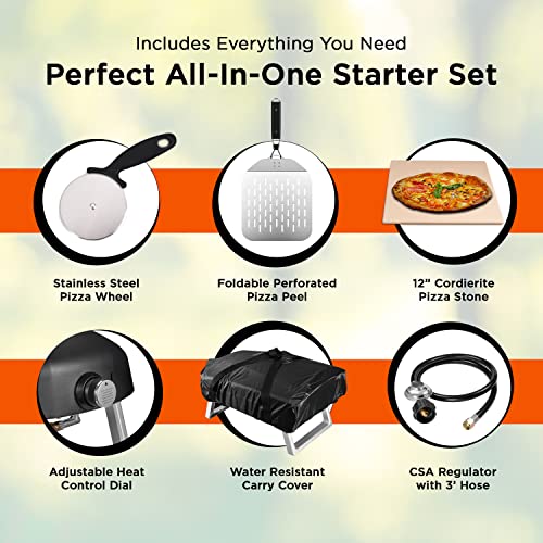 Commercial Chef Outdoor Gas Pizza Oven – Portable Propane Pizza Maker with Door, Peel, Stone, Cutter, and Cover - L-Shaped Burner, Foldable Legs