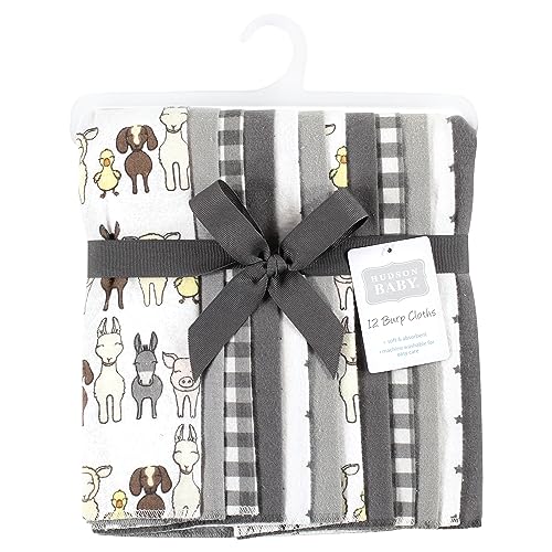 Image of Hudson Baby Unisex Baby Cotton Poly Flannel Burp Cloths Bundle, Farm Friends Grey, One Size