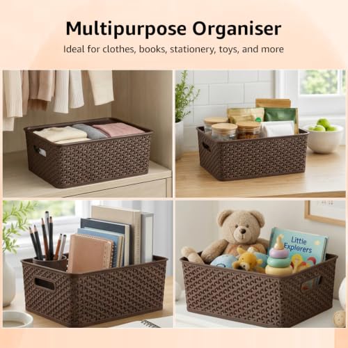 Image of Amazon Basics Set of 3 (Small, Medium, Large) Plastic Storage Baskets with Lid Stackable Shelf Basket, Storage Box & Organiser for Wardrobe, Kitchen,Clothes, Toys, Books, Office (Brown, Rectangular)