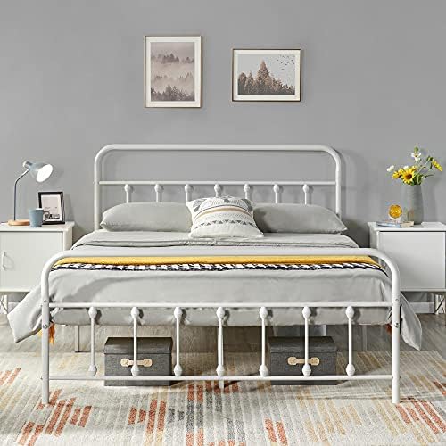 Yaheetech Classic White Metal Platform Bed Frame Mattress Foundation with Victorian Style Iron-Art Headboard/Footboard/Under Bed Storage No Box Spring Needed Full Size