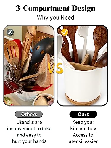 Image of LoeJan 3 Compartment Utensil Holder, Extra Large Utensil Crock, Stable Ceramic Utensil Organizer, Cooking Tool Organizer Set for Kitchen Counter Farmhouse Decor (C-White(Grossy))