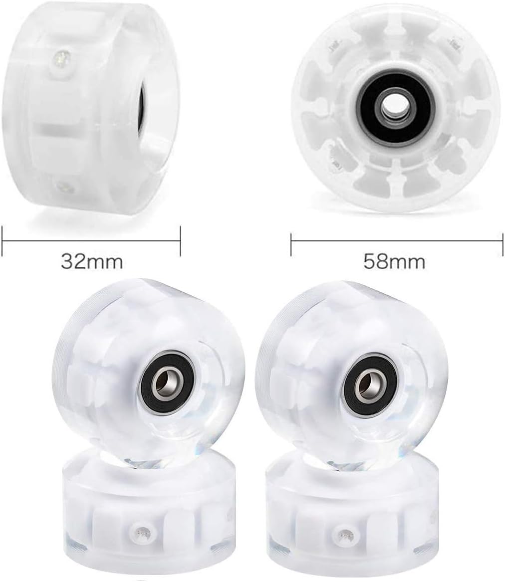 4 Pack Luminous Roller Skate Wheels Outdoor Light up Roller Skate Wheels with Bearings Quad Roller Skate Wheels for Double Row Skating and Skateboard 32mm x 58mm (White)