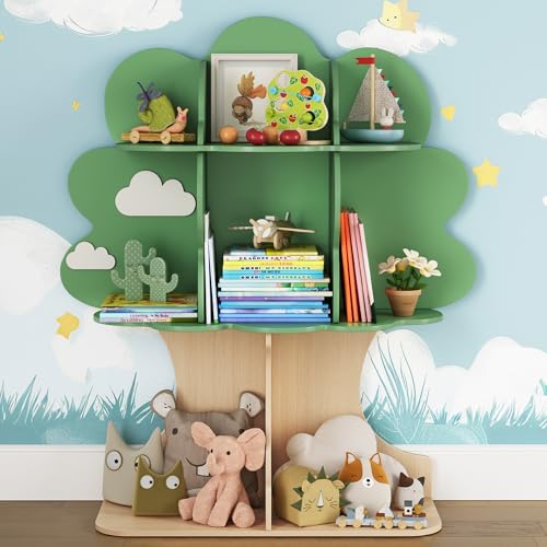 Image of Curipeer Tree Kids Bookshelf, Toddler Bookshelf for Kids, Baby Montessori Bookshelf and Toy Storage, Wooden Kids Bookcase, Book Shelf for Kids Rooms, Nursery, Bedroom, Playroom, Green