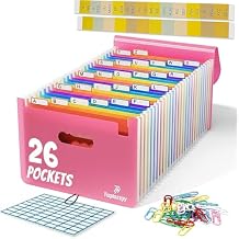 Accordion File Organizer, 26 Pockets Expanding Accordion Folder, A4 Letter Size Filing Organizer with Colorful Tabs, Elastic Cord, 60 Paper Clips, Labels & Stickers for Office Pink