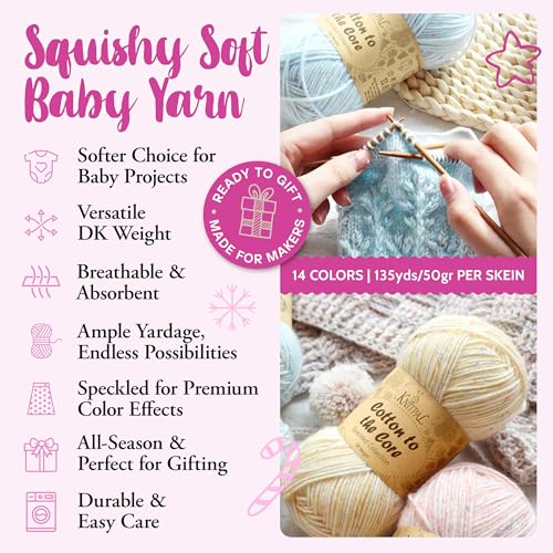 Cotton to The Core Speckled Soft Baby Yarn for Crocheting, 6-Pack (810Yds / 300G), Free Patterns - Size 3 DK Light Worsted Weight Cotton Yarn for Knitting - Banana Cream