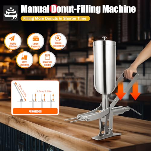 Manual Donut Filling Machine, 5L Stainless Steel Cream & Jam Filler with 4 Nozzles for Bakeries, Restaurants, and Dessert Shops, Perfect for Donuts, Churros and Pastries