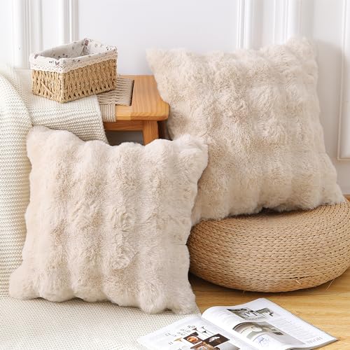 2-Pack Thick Plush Wool Throw Pillow Covers for Sofa Bedroom (18x18 Inch, Beige)