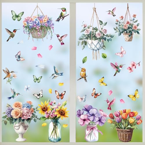 BETESSIN Window Stickers Spring Self-Adhesive - 9 Sheets Flowers Window Stickers with Potted Plant Motif - Spring Decoration Window - Static Adhesive Window Stickers - Window Decoration for Spring,