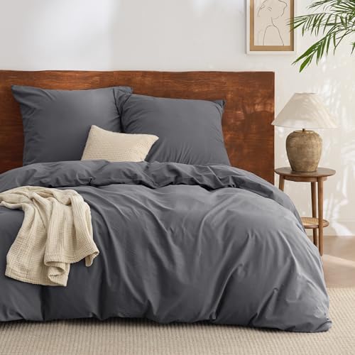 BEDSURE Bettwäsche 220x240 Baumwolle 3teilig - Bettwäsche-Sets Anthrazit Bettbezug mit 2 Kissenbezüge 80x80 cm, Ähnliche Textur wie Washed Leinen,...