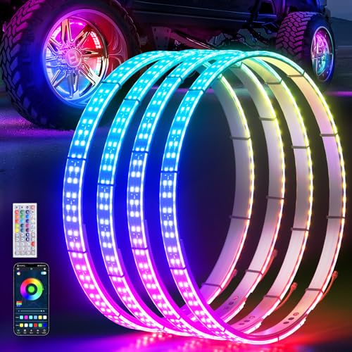 Image of Ehaho 14''-18'' Double Row Adjustable Wheel Lights, Brighter RGB Chasing Rim Lights with App, Music Wheel Ring Light with Turn & Braking Signal Compatible with Various Trucks SUV Car（4PCS）
