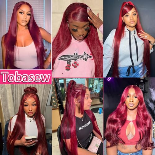 Image of tobasew ​99J Burgundy Lace Front Wigs Human Hair 200 Density Straight 13x6 HD Transparent Lace Frontal Wigs Human Hair Pre Plucked Glueless Red Color Human Hair Lace Front Wigs for Women 30 Inch