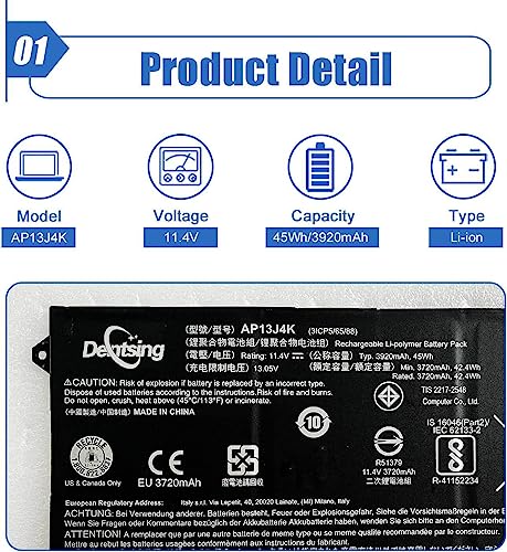 Image of 45Wh AP13J4K Laptop Battery (4cm Long Cord) Compatible with Acer Chromebook 11.6 inch 11 C740 C720 C720P CB3-532 Series Notebook AP13J3K KT.00304.001 11.4V 3920mAh