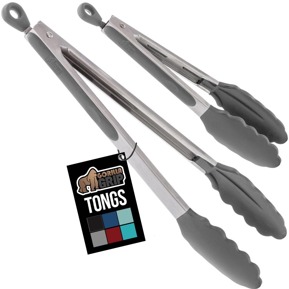 GORILLA GRIP Stainless Steel Kitchen Tongs for Cooking, 2 PK, Gray