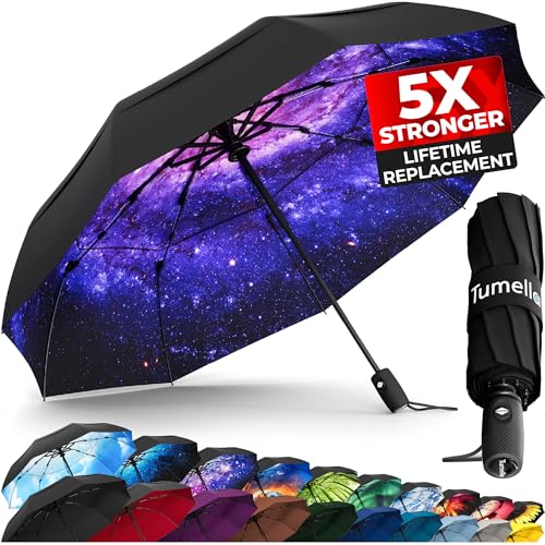 Image of TUMELLA Strongest Windproof Travel Umbrella (Compact, 100MPH Wind-Tested), Light, Portable, One-Handed Use, Automatic Folding Rain Umbrella, Durable, Premium Grip, Fits Car & Backpack