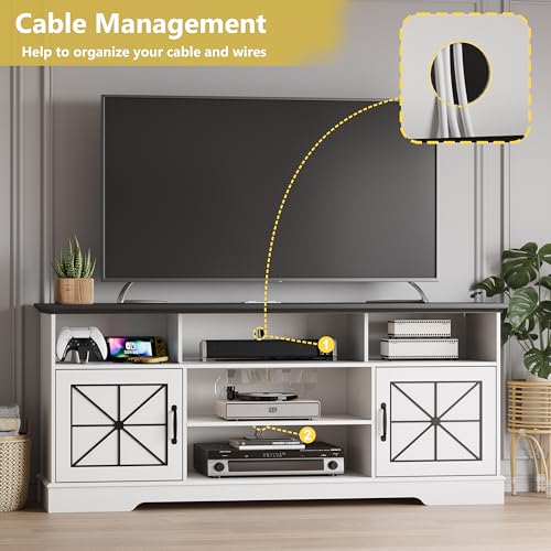 Image of Xixini Farmhouse TV Stand for 65 /60 /55 Inch Tvs, Rustic Entertainment Center with LED Lights and Power Outlets, Modern Media Console Table, Wood Television Furniture for Living Room, Bedroom, White
