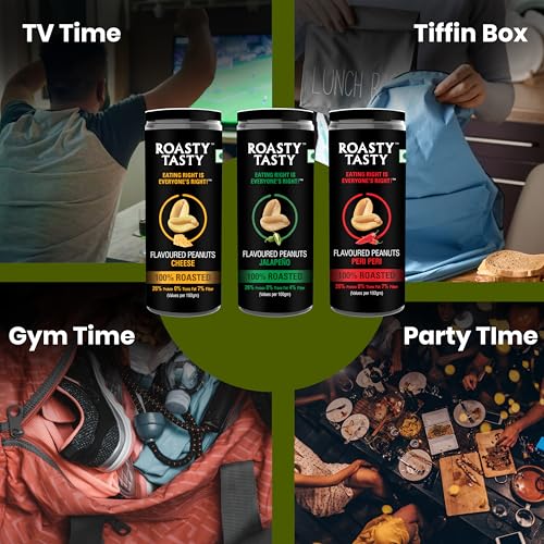 Image of Roasty Tasty Premium Assorted Roasted Peanuts | Healthy Snacks | Rich in Protein & Fibre | Roasted, Not Fried Snacks | Healthy Food | Gluten Free, Zero Cholesterol | Namkeen Peanuts | Crunchy Masala Peanuts | Jalapeno | Cheese | Peri Peri| Pack of 3 (100g each) |