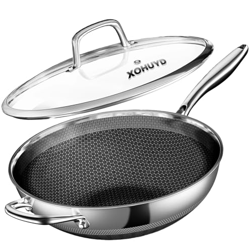 XOHUYD Wok Pan, 13-Inch Stainless Steel Woks & Stir-Fry Pans Nonstick, Wok Pan with Lid for...