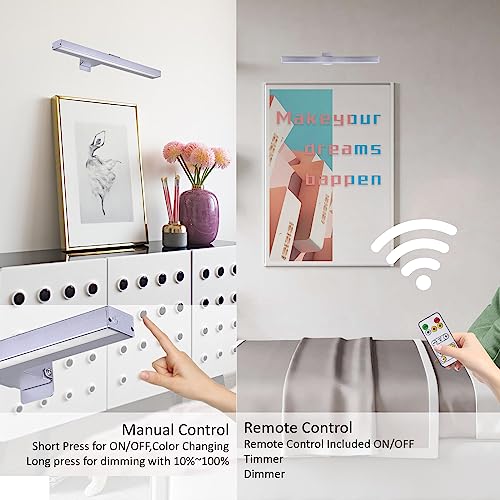 Image of MIOBLUE Wireless Picture Lights with Remote, Metal 16in Recgargeable Battery Painting Light Display Lamp with 3 Lighting Modes, Dimmable Dartboard Light with Timer for Frame Portrait Art, Silver