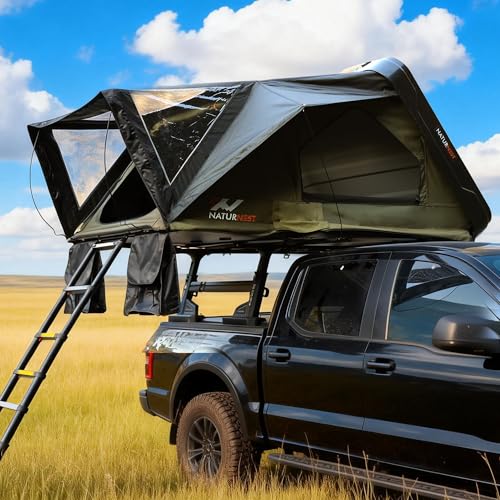 Naturnest Rooftop Tent Hard Shell, Easy Set Up Large Roof Tent for 4 Person Camping Top Tents, Waterproof UV-Resistant Privacy 4 Season Tents for Truck, Jeep, SUV, Trailer - Sirius 1 Plus XL