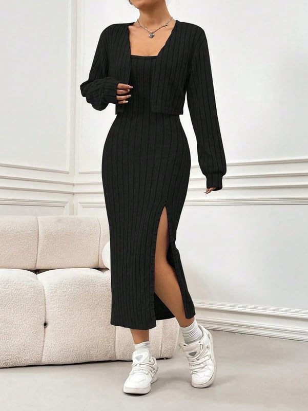 SISKIN 2 Piece Sets for Women, Fall Knit Ribbed Sweater Midi Cami Dress & Cropped Cardigan Long Sleeve Casual Outfits Set - Image 4