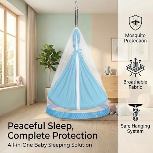Image of Vparents Sleeping Essentials with Mosquito Net & Spring, Small Dot (Blue)