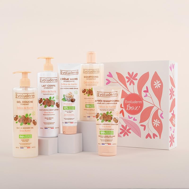 EVOLUDERM – Coffret Cadeau Corps & Cheveux Délice de Karité – 5 produits + Gant Offert – Origine Naturelle - Végan – Made in France - Idéal cadeau...