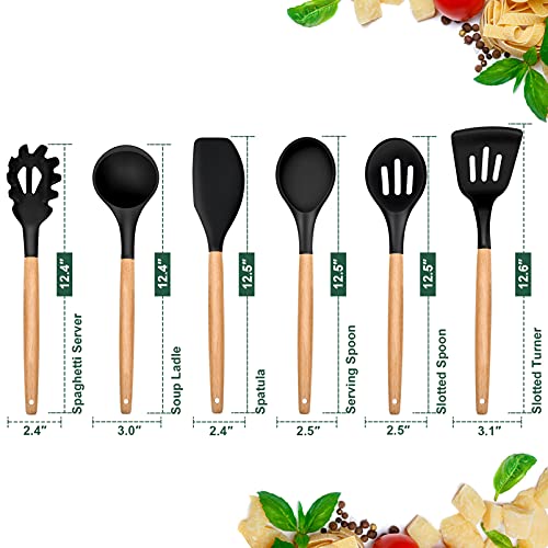 Cooking Utensils Set Of 6, E-Far Silicone Kitchen Utensils With Wooden Handle, Non-Stick Cookware Friendly & Heat Resistant, Includes Spatula/Ladle/Slotted Turner/Serving Spoon/Spaghetti Server(Black) #TOP1