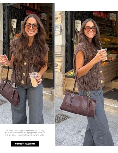 Image of Yimoon Sweater Vest Women Cropped Gold Button Chunky Knit Vest Sleeveless Crop Knit Cardigan(Coffee-M)