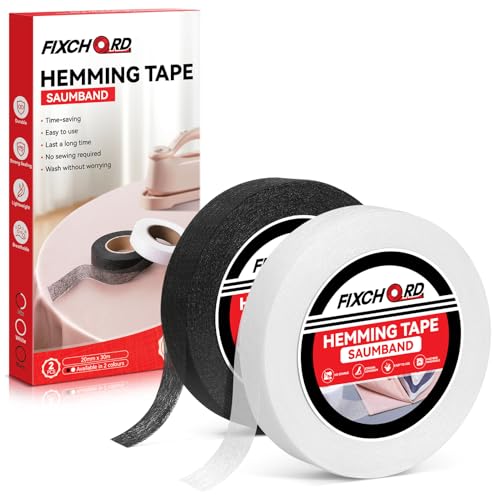 FIXCHORD Saumband, 2PCS Saumband zum Aufbügeln, Bügelband zum Aufbügeln, Bügelband zum Kürzen für Vorhänge, Bügelkleber für Textilien, Gardinen kürzen ohne Nähen, Schwarz und Weiß 30m*20mm