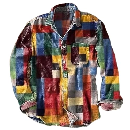 Avanise Unisex Vintage-Hemd Mit Schlichtem Regenbogen-Print, Langarm, Revers Und Tasche, Regenbogen-Karo-Hemd Mit Revers Und Tasche, Kontrast-Knopfleiste (Mehrfarbig,4XL) Avanise Unisex Vintage-Hemd Mit Schlichtem Regenbogen-Print, Langarm, Revers Und Tasche, Regenbogen-Karo-Hemd Mit Revers Und Tasche, Kontrast-Knopfleiste (Mehrfarbig,4XL)