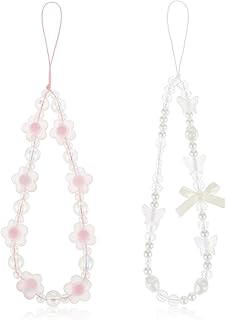 2 Pack Beaded Phone Bracelet Strap Crystal Butterfly Flower Pearl Phone Charms Strap Colorful Acrylic Beaded Phone Charm Wrist Strap Handmade Mobile Phone Chain for Women Anti-Lost Lanyard